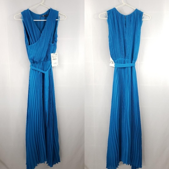Zara Pleated Wrap Front Maxi Dress Blue XS - Picture 4 of 7